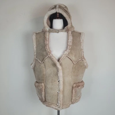 Chaleco de piel de oveja para mujer XL gamuza tostada forrado sherpa occidental acogedor cálido capucha de aviador Foto 1 de 4