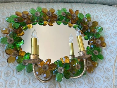 Vtg Italian Tole Gilt Crystal Green Amber Flowers Mirror Sconce - Image 1 of 4