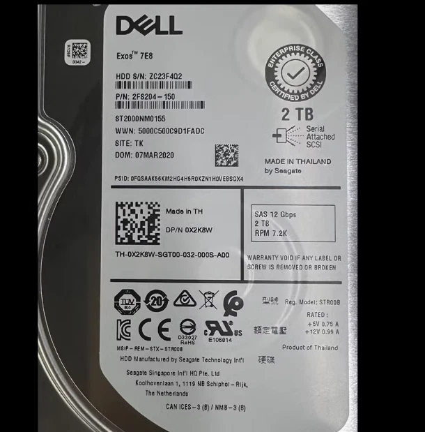 DELL ST2000NM0155 0X2K8W X2K8W 2TB 3.5" SAS 7.2K 12Gb/s Hard Drive no tray - Image 1 of 1