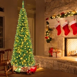 Slim Christmas Tree w/ Lights Pencil Pine Artificial Xmas 4/5/6/7FT Decoration - Picture 1 of 28