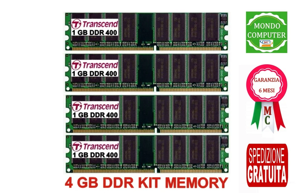 4 GB KIT MEMORIA / RAM DDR (4 X 1 GB) 400 MHZ PC3200 PC FISSO TRANSCEND - Immagine 1 di 1