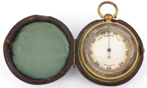 .ANTIQUE ENGLISH MADE POCKET BAROMETER + ORIGINAL STORAGE CASE. - Picture 1 of 6