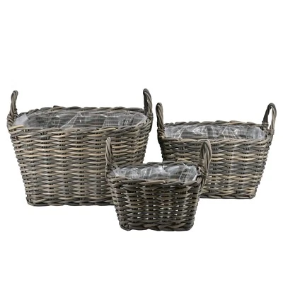 Pflanzkörbe Blumentopf Korb mit Henkel Übertopf 3er Set, Rattan, rund, grau - Bild 1 von 3