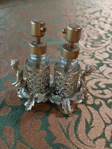 Vintage Designer Cherub Perfume Glass Bottle Set Gold Filigree Holder Signed SF - Picture 1 of 7
