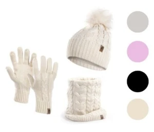 Mütze Schal Set Damen Winter Handschuhe Wintermütze Beanie Bommel Strickmütze - Bild 1 von 49