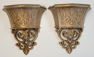 Vtg Homco Dart IND 6005 Gold Hollywood Regency 2 Wall Pocket Planters Scroll - Picture 1 of 22