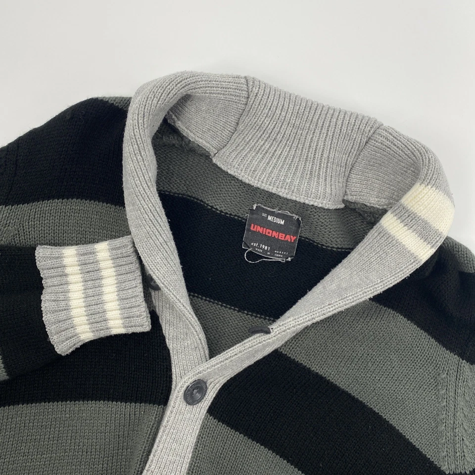 Unionbay 毛衣男式中号黑色灰色开衫条纹披肩学院风复古 — 第 1/4 张图片