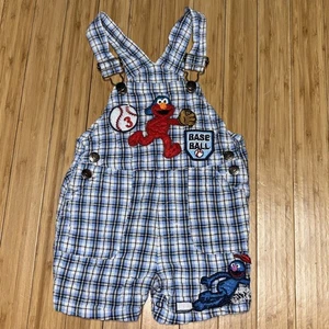 Vintage Sesame Street Short Overalls Elmo Grover Baseball Plaid 12 Months - Picture 1 of 8