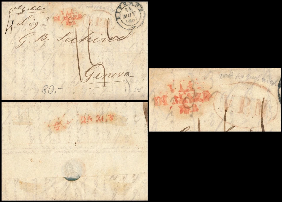 ITALY - LIVORNO 1851, ENTORE FOLD LETTER TO GENOVA WITH INTERESTING MARKS. #A887 - Image 1 of 4