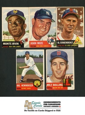 1953 TOPPS BASEBALL L0T (5) IRVIN MIZE SCHOENDIENST + HIGH #'s NEWHOUSER BOLLING - Image 1 of 4