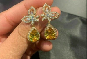 3Ct Pear Cut Lab Created Citrine Drop/Dangle Earrings 14K Two-Yellow Gold Finish - Picture 1 of 5