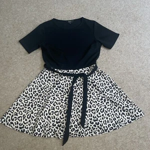 Lipsy 2 in1 Black Leopard Skater Dress 16 Fit Flare Belted Short Sleeve Mini - Picture 1 of 21