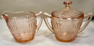 Pink Depression Glass Jeanette Cherry Blossom Covered Sugar and Creamer - Picture 1 of 1