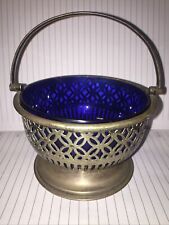 Vintage Silver Plated Blue Glass Condiment Sugar Bowl With Handle