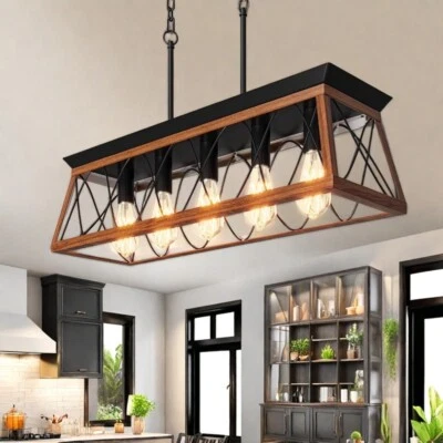 5-Lights Wagon Wheel Chandelier Wooden Pendant Lamp Rustic Ceiling Light - Image 1 of 4