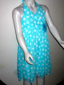 NWT girls XL 14/16 halter polka dot aqua blue soft chiffon backless summer dress - Picture 1 of 7