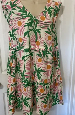 C&C California L Tiered Dress Palm Leaf Floral Sleeveless White Pink Green - Image 1 of 4