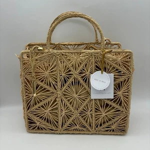 Borsa a mano in rafia intrecciata a mano House Of Harlow 1960 nuova con etichetta tracolla oro - Foto 1 di 7