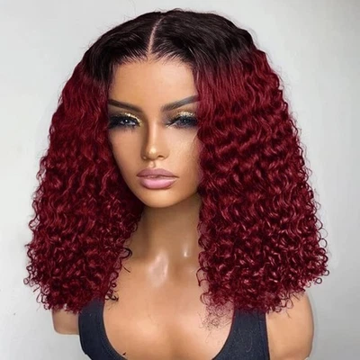 Ombre 99J Burgundy BOB Lace Front Wigs Human Hair For Black Women W... Fast Ship - Image 1 of 4