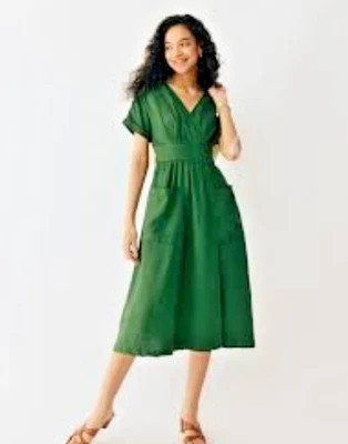 Vestido Grae Cove 100 % lino envolvente grande verde midi manga corta fiesta de Navidad Foto 1 de 4