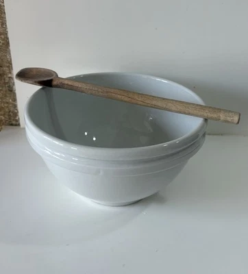 Ancien Saladier plat Grand Bol porcelaine Blanche PILLIVUYT & Cuillère Shabby - Photo 1/4