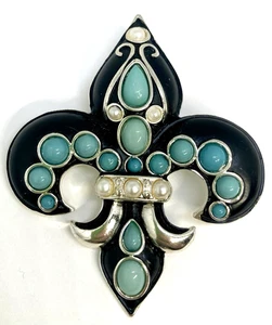 Large Black Fleur de Lis Silver Tone Necklace Pendant Faux Turquoise/ Faux Pearl - Picture 1 of 4