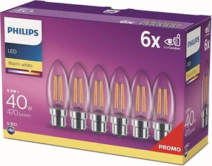 Philips LED Premium Clásico Transparente Filamento Vela Bombilla B22 Bayoneta, Paquete de 6 - Imagen 1 de 4