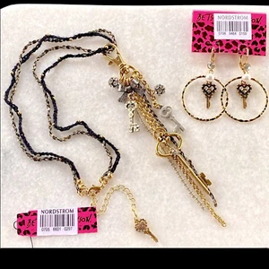 Betsey Johnson Multi Key Charm Rhinestone Necklace & Earring Set VINTAGE RARE - Picture 1 of 15