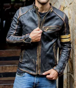 Men's Vintage Biker Black Motorcycle Distressed Cafe Racer Real Leather Jacket - Picture 1 of 4