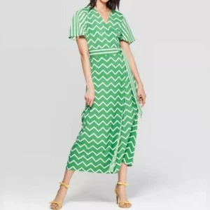 Who What Wear Women's Chevron V-neck Short Sleeve Tie-Belt Green Wrap Dress Sz M - Picture 1 of 12