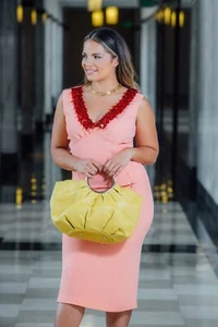 Miu Miu Vintage Coral Top w/ Red Sequin V-Neck & Midi Pencil Skirt Set - US 8/6 - Picture 1 of 12