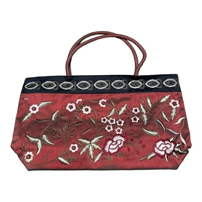 Satin Color Changing Floral Embroidered SIlk Purse Tote Red Green Hand Bag 15x9 - Image 1 of 4