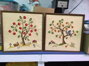 Vtg Bird, Bunny, Apple Floral Crewel Needlepoint Embroidery Framed MCM Yarn Art - Picture 1 of 6