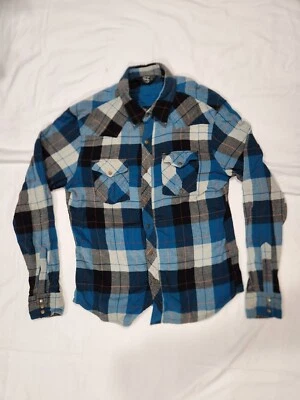 Salt Valley Western Blue Plaid Flannel Brass Pearl Snap Large Mens Long Sleeve - Image 1 of 4