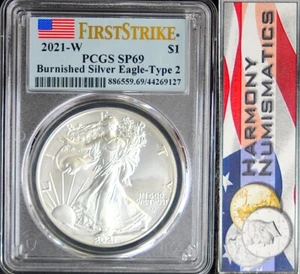 2021 W TYPE 2 BURNISHED SILVER EAGLE PCGS SP69 FS Landing Eagle Flag Label - Picture 1 of 2