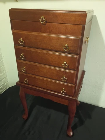 Vintage Wood Queen Anne Style Silverware Chest Server Jewelry Cabinet Two Piece Cover