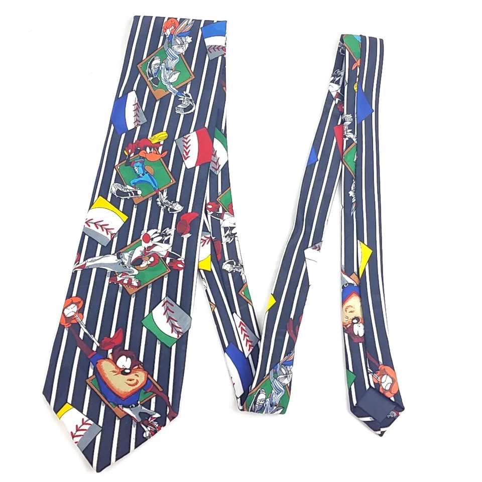 Corbata Looney Tunes Mania negra azul marino blanca a rayas con personajes y pelotas de béisbol Foto 1 de 4