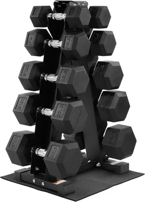200LB Rubber Hex Dumbbell Set with 5-Tier A-Frame Rack, 10–30LB Pairs, Ergo Grip - Image 1 of 4