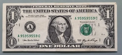 2006 One Dollar Federal Reserve Note $1 FANCY SERIAL NUMBER A95959559C #96361 - Image 1 of 2