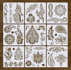 9 Paisley Stencils Template Fluer Demask Feather Scrolling Stencil Craft 8x8 Set - Picture 1 of 5