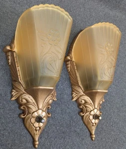 Pair of Art Deco Era Slip Shade Wall Sconces, 1920's-1930's, Rewired, Restored - Picture 1 of 13