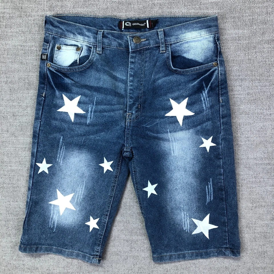 Shorts Akedemiks masculino 16 azul denim estampa estrela cintura média desgastado lavagem média - Imagem 1 de 4