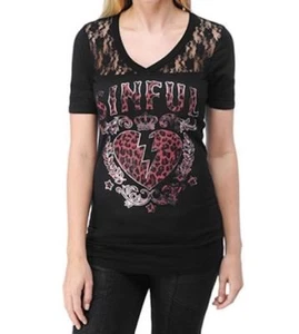 Sinful By Affliction Women's TRYOUTS Lace Panel SS Tee-T-Shirt Black S2752 - Picture 1 of 4