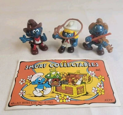 Lot of 3 Smurfs Cowgirl Smurfette Cowboy Figure PVC  80s & Collectable Booklet Foto 1 de 4