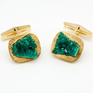 Vintage Emerald 14K Gold Cufflinks Hemsleys Retro Uncut Chatham 17.3g Apr 3.5K - Picture 1 of 24
