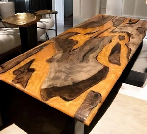 36"x72" Yellow Epoxy Resin Sofa Center Dining Table Live Edge Wooden Hallway Dec - Picture 1 of 8