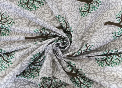 Grey Hand Block Tree Printed Cotton Fabric Voile Dressmaking Fabric By Yard AU - Image 1 of 4