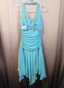 TABOO Formal Dress sz M Chiffon Midi Halter Aqua Blue sexy Wedding Prom Stretch! - Picture 1 of 9