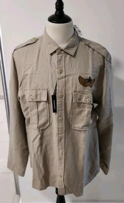 Express Shirt Mens Extra Large Tan Eagle Flag Embroidered Military Linen Blend - Image 1 of 4