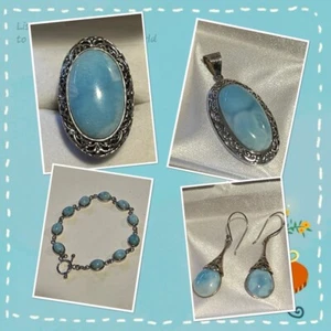 Large Larimar & SS .925 Ring 9, Toggle Bracelet, Pendant & Earrings 4 Piece Set - Picture 1 of 15